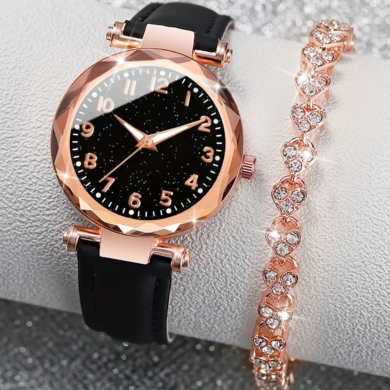 Conjunto de elegancia informal: reloj de cuarzo con correa y pulsera de piel sintética